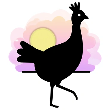 A silhouette of a guinea fowl, with a distinct rounded body and spotted feathers, walking. The background features a stunning sunset with vibrant hues of orange, pink, and purple blending in the sky. The sun is partially visible, casting a warm glow that contrasts with the dark silhouette of the guinea fowl.