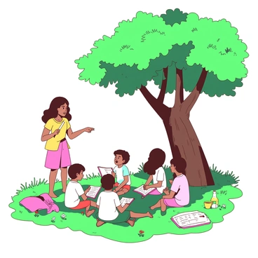 A group of children is sitting on the grass, attentively engaged in a lesson under the shade of a large, leafy green tree. The tree's branches extend outward, providing a cool canopy above them. Each child is holding a notebook and pencil, with some looking up at a teacher who is standing nearby. The teacher, who is wearing a bright outfit, gestures animatedly as they explain a concept. The children display a mix of expressions, from curiosity to concentration, as they listen and take notes. Surrounding them are patches of wildflowers adding a burst of color to the serene rural setting.
