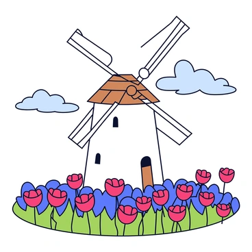 A traditional windmill with a wooden structure and large rotating blades stands tall in the center of the image. The windmill features a white exterior with a thatched roof. Surrounding the windmill are vibrant fields filled with bright red poppies, their petals gently swaying in the breeze. The sky above is clear with a few fluffy white clouds scattered, indicating a breezy day.
