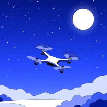 A drone is flying beneath a clear night sky. The sky is filled with numerous stars, creating a vast celestial backdrop. In the upper portion of the image, there is a large full moon shining brightly. The drone is positioned in the middle of the scene, with its propellers visible and a streamlined body. The landscape below is faintly illuminated by the moonlight.