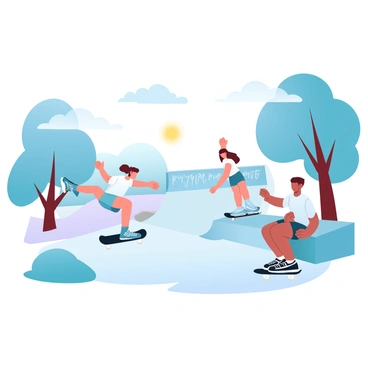 Young adults skating and enjoying the sun at a local skateboarding park