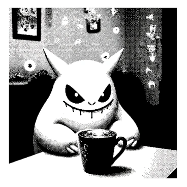 A Gengar is sitting at a small table in a cozy café. It has a mischievous grin, and its body is slightly rounded. The café is decorated with ghostly elements, such as floating spectral lights and cobwebs in the corners. On the table, there is a spooky drink with a bubbling surface, perhaps in a dark-colored cup with eerie designs. The Gengar's eyes are fixed on the drink with a playful expression, as if enjoying the ambiance.