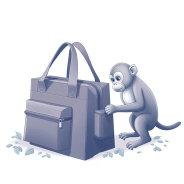 A yoga bag placed on the ground, featuring a zippered closure and various pockets. The bag is made of durable fabric with visible stitching details. Nearby, a monkey with a curious expression is examining the bag. The monkey is perched on its hind legs, with one paw reaching towards the bag, while its other paw is touching the ground. The environment consists of scattered foliage, indicating an outdoor setting. The scene captures the monkey's inquisitive nature as it investigates the unfamiliar object.