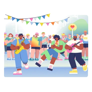 A lively street band is positioned on the sidewalk, energetically playing music for runners during a marathon event. The band consists of three musicians: a man with brown hair playing a saxophone, a woman with curly black hair on the drums, and a man with a beard strumming a guitar. They are dressed in colorful t-shirts and jeans. The street is filled with runners, some wearing bright athletic gear and others in themed costumes, all smiling and enjoying the performance. Spectators are gathered nearby, clapping and cheering. Colorful banners hang overhead, fluttering in the breeze.