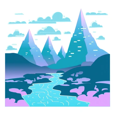 A surreal landscape with mountains and rivers glitching into abstract patterns