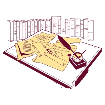 A white desk is cluttered with a variety of old legal documents scattered across the surface. There are several yellowed parchment papers, filled with dense handwriting, some partially rolled and others stacked haphazardly. Among the papers, there are a few black ink quills resting on top, with one quill dipped in a small glass inkwell. The desk also features a small wooden box, which is slightly open, revealing more rolled documents inside. In the background, there is a faint outline of bookshelves filled with leather-bound law books, adding to the scholarly atmosphere surrounding the scene.