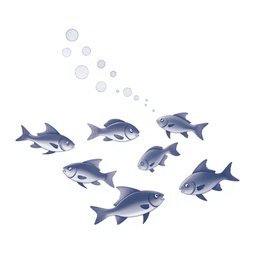 A cluster of tropical fish swimming energetically in a clear underwater scene. Schools of fish are darting around, showcasing various shapes and sizes, with some fish exhibiting elongated bodies and others with a more rounded shape. Above them, a trail of bubbles is ascending, creating a pattern as they rise. The bubbles vary in size, with smaller ones clustered near the fish and larger ones drifting upward towards the surface. The fish are positioned in various directions, adding a sense of dynamic movement to the scene.
