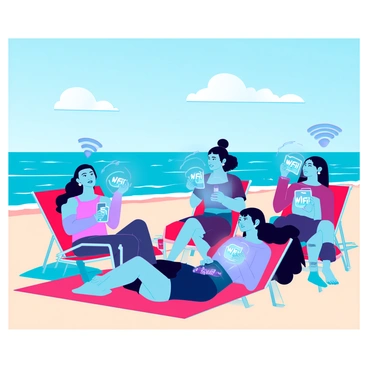 A group of diverse people relaxing on a sandy beach, enjoying the warm sunlight. Some individuals are lying on colorful beach towels while others are seated in stylish beach chairs. Each person is holding a smartphone, displaying glowing "wifi" symbols floating above the screens, surrounded by small digital particles that suggest connectivity. The ocean waves are gently lapping at the shore in the background, with a clear blue sky overhead, dotted with a few fluffy white clouds. The scene conveys a modern blend of relaxation and technology.