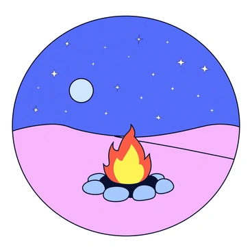 A campfire with bright orange flames crackling and glowing. Surrounding the campfire are several smooth stones arranged in a circle. The desert landscape features gentle sand dunes that stretch outwards, creating soft curves in the foreground. Above the campfire, a vast starry sky is filled with countless twinkling stars, casting a gentle light over the scene. The moon is visible, illuminating the night with a soft glow.