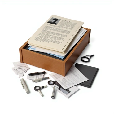 A stack of open case files on a wooden desk. Each file is slightly worn, showing evidence of use, with some pages sticking out at irregular angles. The top file features a photograph of a suspect and typed documents detailing the circumstances of a crime. Additional files below contain handwritten notes and various printed reports, with headings such as "Witness Statements" and "Evidence List." Scattered around the stack are a few pens and a magnifying glass, indicating ongoing investigation activity. The desk has a polished finish, reflecting the overhead light.