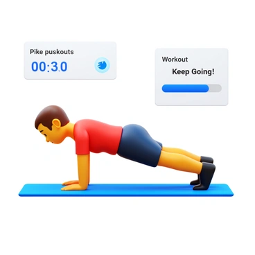 A person performing "pike push-ups" in an exercise position, with their body forming an inverted V shape. The individual has a focused expression while engaging their upper body muscles. The scene features a distance view of the person in a well-lit room, with a soft surface underneath them. “Fitness app interface” elements are displayed around the person, including a timer showing “00:30” and a progress bar indicating workout completion. There are also motivational phrases like “Keep Going!” and a small icon representing calories burned.