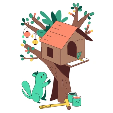 A teal Hermine is focused on constructing a small treehouse nestled among the branches of a sturdy brown tree. The treehouse has a vibrant roof painted in orange, and colorful decorations are hanging from its walls, including a string of yellow lights and various colorful paper lanterns. Tools are scattered around the base of the tree, such as a yellow hammer and teal paint cans, indicating the ongoing work. The Hermine is carefully attaching a bright orange panel to one side of the treehouse, showcasing its dedication to the project.