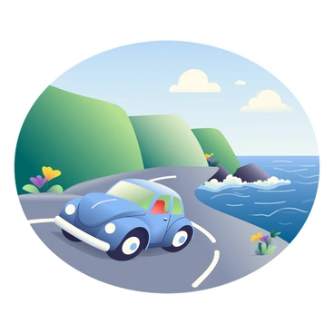 A vintage blue VW Beetle is driving along a scenic coastal road. The car has a round shape with a shiny chrome front bumper and whitewall tires. On the road, there are smooth curves with a backdrop of lush green cliffs. The ocean is visible to the right, showcasing deep blue waves gently crashing against the rocks below. White clouds dot the clear sky, and the sunlight reflects off the water's surface, creating a sparkling effect. Small seaside flowers in yellow and purple are growing alongside the road, adding splashes of color to the scene.