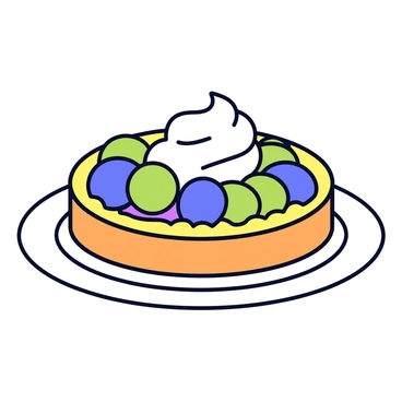 A circular grape tart with a golden-brown crust. The tart is filled with smooth pastry cream and is adorned with clusters of glistening green and purple grapes. On top of the grapes is a generous swirl of fluffy white whipped cream. The tart is placed on a simple white plate, emphasizing its vibrant colors.