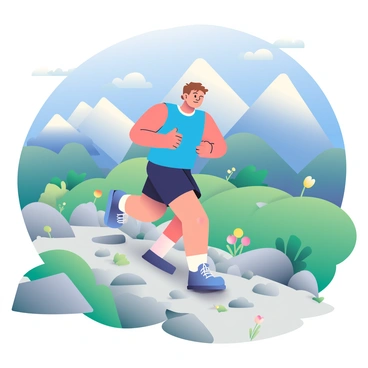A runner with short brown hair is sprinting along a rugged off-road trail in the mountains. He is wearing a bright blue tank top and black running shorts. The trail is surrounded by rocky terrain, with patches of green grass and scattered wildflowers. In the background, tall mountains rise majestically, their peaks capped with white snow. The sky is a clear blue with a few fluffy clouds, and the sunlight casts dynamic shadows on the ground, emphasizing the rugged features of the landscape. The runner's expression shows determination as he navigates the uneven ground.