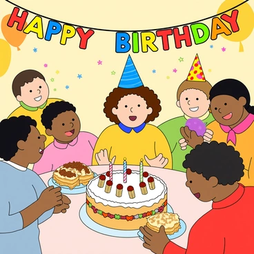 A lively birthday party scene filled with colorful decorations and balloons. In the center, a young child with curly brown hair is wearing a bright blue party hat and a joyful expression. The child has just sneezed, and a slice of cake is caught mid-air, flying away from a large round cake decorated with colorful frosting and candles. Surrounding the child are friends with cheerful faces, some laughing and others surprised, all wearing festive outfits. They are holding party favors and colorful plates, creating an atmosphere of fun and excitement. The background features a table with more snacks and a banner that reads "Happy Birthday" in vibrant letters.