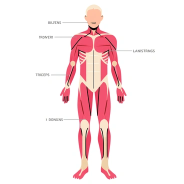 An anatomical diagram featuring the human body in a standing position, showcasing the muscles in a vibrant color scheme. The muscles are depicted in various shades of red and pink to highlight their structure. Each muscle group is clearly labeled with white text, including the biceps, triceps, quadriceps, and hamstrings. The background is a light color to contrast with the muscles, allowing for better visibility of the labels and details. The overall composition provides a clear and educational view of human muscular anatomy.