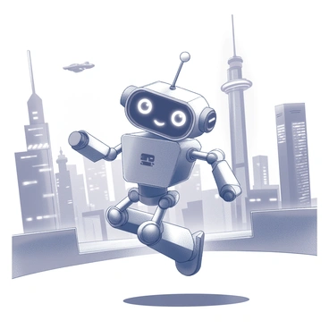 A small robot with a round head and large expressive eyes is captured mid-jump. Its metallic body is sleek and polished, with articulated limbs and a smiling face. Surrounding the robot is a futuristic cityscape featuring towering skyscrapers with geometric designs and various elevated walkways. The background has flying vehicles and neon lights, adding to the vibrant atmosphere of the city. The ground is made of smooth, reflective surfaces, giving a sense of advanced technology and a lively urban environment.