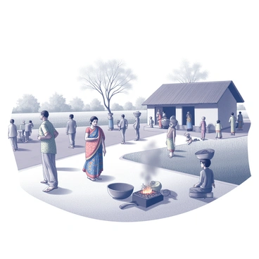 A vibrant Indian village scene filled with life. Several groups of people are gathered, some are chatting on the side of a dusty pathway while others are walking with baskets balanced on their heads. A woman in a colorful saree is seen cooking over an open flame, with smoke rising from the fire. Children are playing nearby, running around with handmade toys. In the background, a traditional mud house with a thatched roof stands, surrounded by greenery. A few farmers are working in the fields, tending to crops with dedication. The atmosphere is busy and lively, capturing the essence of daily village life.