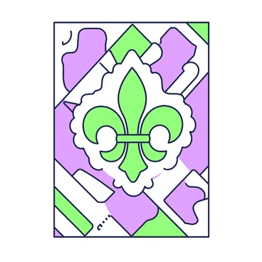 A poster featuring bold geometric designs filling the background. The shapes are arranged in a symmetrical pattern, creating a sense of balance and harmony. At the center, there is a large "fleur-de-lis" motif that stands out prominently. This motif is elegantly detailed, with sharp lines and curves that give it a regal appearance. Surrounding the central design, other smaller geometric elements echo the theme, enhancing the overall composition. The poster has a structured layout that draws the eye toward the central motif while maintaining visual interest throughout.