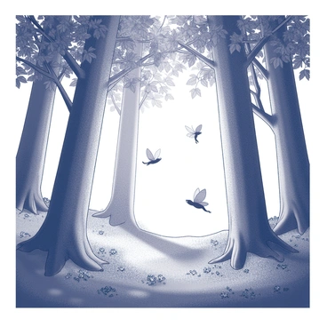 A magical forest scene with tiny fairies flitting among bright green leaves