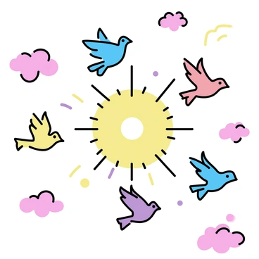 A pulsar, depicted as a bright and rotating star emitting radiant beams of light, is surrounded by several birds in flight. The birds have various colors, including blue, red, and yellow, with their wings spread wide. The sky is filled with vibrant swirls and clouds, showcasing an array of colors such as pink, orange, and purple, creating a lively atmosphere. The scene captures the dynamic movement of the birds as they circle around the pulsar.