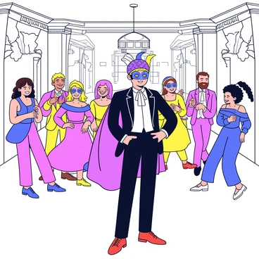 Cyrano stands confidently in a spacious ballroom, surrounded by elegantly dressed guests. He wears a finely tailored outfit with a dramatic cape that flows behind him. His face is partially obscured by a richly adorned mask featuring intricate patterns and feathers. The guests around him are in various vibrant costumes, with each wearing unique, colorful masks that complement their outfits. Some guests are engaged in lively conversation, while others are laughing and twirling in a dance. The room is filled with opulent decorations, including sparkling chandeliers and draped fabrics, creating a festive atmosphere.