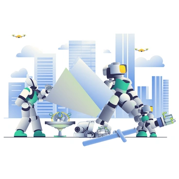 A futuristic landscape is filled with sleek, metallic robots of various shapes and sizes, engaged in a range of tasks. Some robots, with shining chrome surfaces, are using magnetic technology to levitate large, rectangular metal plates above the ground. Others are assembling intricate machinery with precision, their articulated arms moving fluidly. In the background, a high-tech city skyline features towering buildings with glass facades that reflect the sunlight. The sky above is a clear blue, and small drones zip through the air, adding to the bustling atmosphere of advanced technology.