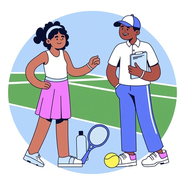 A female tennis player with dark curly hair is standing on the sidelines of a tennis court. She is wearing a sporty outfit that includes a fitted tank top and a pleated skirt. Her expression is focused as she discusses strategy with a male coach who is beside her. The coach has short hair and is wearing a baseball cap, holding a clipboard with notes. Around them are tennis equipment such as a racquet and a water bottle. The background features a bright blue sky and the green court surface.