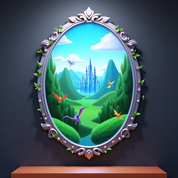 A large ornate mirror with an intricate silver frame stands against a dark wall. The glass surface reflects a vibrant fantasy world filled with lush green forests and towering mountains. Colorful mythical creatures such as dragons and fairies can be seen soaring through the sky. A shimmering castle made of crystals is visible in the distance. The mirror's border is adorned with vines and flowers, adding a touch of nature to its design.