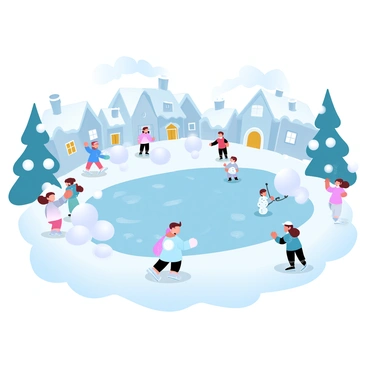 A picturesque snowy village is framed by quaint houses with smoke gently rising from their chimneys. Children are actively building snowmen, rolling large snowballs and stacking them with care. Some children are wearing brightly colored winter jackets and hats, while others are engaged in a playful snowball fight nearby. In the center, a frozen pond sparkles like glass, where several children are skating gracefully. They are gliding across the surface, leaving behind distinct streaks. Pine trees, dusted with snow, stand tall around the village, completing the serene winter landscape.