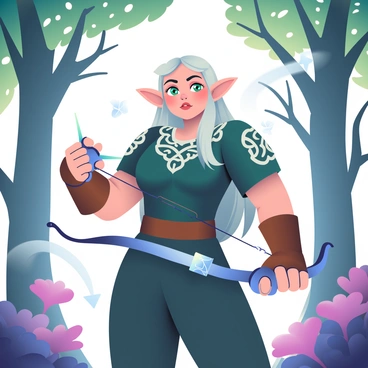 A fantasy elf archer with pointed ears is standing poised in a mystical forest. She has long, silver hair cascading down her back and emerald green eyes that glimmer with determination. The archer is dressed in a fitted, dark green tunic adorned with intricate silver patterns, and she wears leather bracers on her forearms. In her hands, she holds a beautifully crafted magical bow that shimmers with a soft blue light. Surrounding her are tall, ancient trees with luminescent leaves and ethereal flowers glowing softly in shades of purple and blue, creating a dreamlike atmosphere. Delicate wisps of light float through the air, enhancing the enchanting quality of the scene.