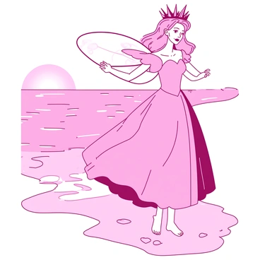 A pink figure resembling Glinda stands gracefully at the shore, with gentle waves lapping at her feet. She is wearing a flowing gown that billows softly in the breeze, shimmering with a light pink hue. Her hair is adorned with a sparkling crown, and delicate fairy wings extend subtly from her back, catching the sunlight. The shoreline is lined with smooth, white pebbles, and the calm sea reflects shades of the pink sky as the sun begins to set in the background.