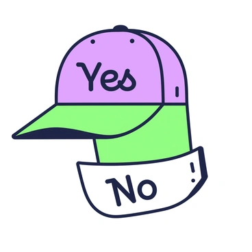 A hat is displayed with a curved brim and a rounded crown. The front features the word "Yes" in a bold and clear font, prominently embroidered. When the hat is flipped upside down, the underside reveals the word "No," also in a bold font, visible against the fabric. The hat has a structured form, and its colors enhance the contrast between the two words, making them easily readable from different angles.