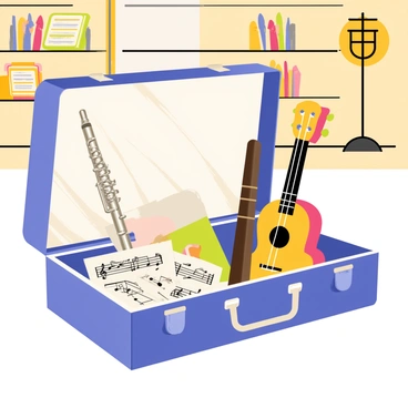 An open music case sitting on the floor of a music school. The case is filled with a variety of donated instruments. Inside, there are a shiny silver flute, a dark wooden clarinet, and a colorful ukulele. Multiple music sheets are scattered around the instruments, some with visible notes and musical symbols. A backdrop of shelves filled with more instruments and music stand is visible, adding to the musical environment of the school. 