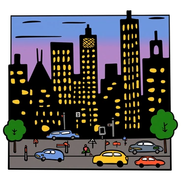 A bustling cityscape at dusk featuring tall buildings with intricate designs. The buildings are silhouetted against the evening sky, which is transitioning to deep shades of purple and blue. Many windows are glowing with warm light, indicating life inside. Streets are filled with small vehicles and pedestrians moving about, creating a lively atmosphere. Streetlights are illuminated, adding to the warm glow of the scene. The foreground includes a few trees, and the overall composition captures the energy of the city as night begins to fall.