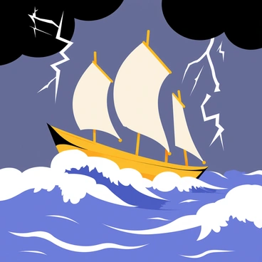 A ship with billowing sails is navigating through turbulent, choppy waves. The ocean is a mix of deep blue and frothy white, capturing the intensity of the storm. Dark, ominous clouds fill the sky, creating a dramatic backdrop. Lightning flashes illuminate the scene, striking in the distance. The ship leans precariously to one side as it battles against the powerful winds and rising water.