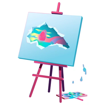 A rectangular artist's canvas hanging on a wooden easel, featuring a large, jagged tear across the center. The exposed area reveals a vibrant, abstract painting filled with swirling colors of blue, red, yellow, and green. The torn edges of the canvas are frayed, showcasing texture, while paint splatters adorn the surrounding area, indicating a recent creation process. There are paintbrushes and a palette scattered nearby, suggesting the artist has been working intensely on their art.