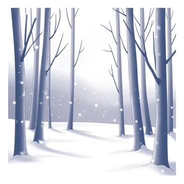 A winter forest filled with tall, bare trees. Snowflakes fall gently from the sky, creating a swirling pattern around the branches. The ground is covered in a thick layer of snow, and the trunks of the trees are accentuated by the accumulation of snow on their surfaces. In the background, a soft, muted light filters through the falling snow, casting an ethereal glow over the scene. The atmosphere is quiet and still, as the snowstorm envelops the forest in a tranquil embrace.