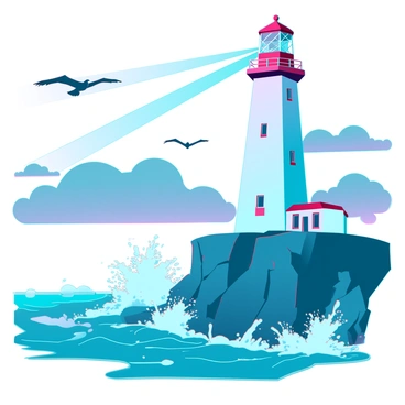A tall lighthouse with a white exterior and a red top stands prominently on a rocky cliff. Waves crash violently against the rocks below, sending splashes of water high into the air. The sky is overcast with dark clouds, adding a sense of drama to the scene. The lighthouse beam of light cuts through the gloom, illuminating the turbulent sea. Sea birds circle above, conveying a feeling of isolation surrounding the structure.
