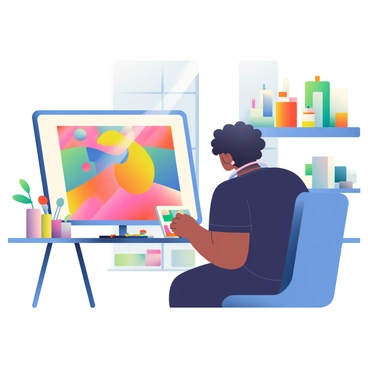 An artist with dark skin and curly hair is focused on creating a vibrant digital painting displayed on a large computer screen. They are seated at a sleek, modern desk with a drawing tablet in front of them. The artist is wearing a comfortable black t-shirt and has a pair of headphones around their neck. Various paintbrushes and a palette with bright colors are scattered on the desk. Behind the artist, there are shelves filled with art supplies and canvases, creating a lively creative environment. The room is illuminated by natural light streaming in from a nearby window.