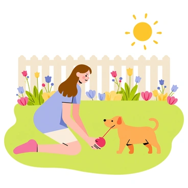 A girl with long brown hair is playing with her cute puppy in a sunny backyard. The girl is wearing a light blue dress and is kneeling on the green grass. The puppy, a small golden retriever, is happily wagging its tail while playfully tugging on a red ball. Flowers of various colors bloom around the edges of the yard, and a wooden fence is visible in the background. A bright sun is shining overhead, casting soft shadows and adding a warm glow to the scene.