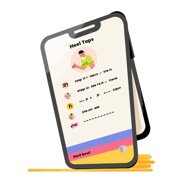 A smartphone with a black frame is positioned upright on a wooden surface. The screen shows a colorful fitness app tutorial featuring "Heel Taps" as the main exercise. The background of the app displays a stylized character demonstrating the heel tap movement. Below the character, there are step-by-step instructions in bold letters, alongside graphical icons representing the number of repetitions and duration. Additionally, there is a vibrant progress bar at the bottom of the screen indicating workout progress.