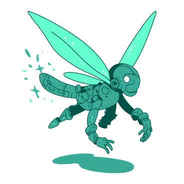 A fairy with mechanical wings and a body made of abstract metallic parts