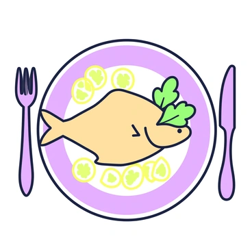 A cooked flounder is displayed on a round dinner plate. The fish has a light, golden-brown color and is presented whole, resting neatly in the center of the plate. Surrounding the fish are several lemon slices, arranged artistically, with the vibrant yellow contrasting against the fish. The plate is placed on a wooden table, and a fork and knife are positioned neatly on either side. A small sprig of parsley is also placed on one side of the fish as a garnish.
