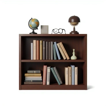 A wooden bookshelf with a rich, dark finish, filled with various books and documents. The books come in different sizes and colors, some with leather-bound covers, others with paperbacks, all neatly arranged. There are also filed documents and folders labeled with titles representing "intellectual property" in clear, bold letters. A small globe sits on the top shelf, alongside a pair of reading glasses and a vintage lamp providing soft illumination. The overall scene conveys a sense of knowledge and organization.