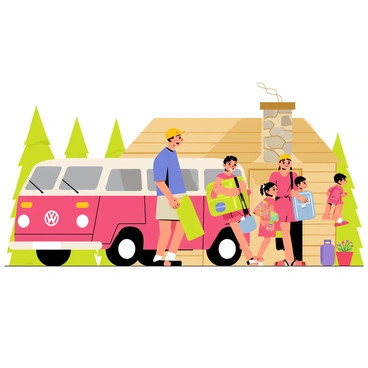 A Volkswagen van with a bright red exterior is parked in front of a cozy cabin made of wood, surrounded by tall green pine trees. A family is unloading various pieces of luggage from the van. The father, wearing a blue t-shirt and khaki shorts, is lifting a large green suitcase. The mother, dressed in a pink sundress, is holding a backpack with colorful patterns. Two children are excitedly carrying smaller bags; one child is wearing a yellow baseball cap and the other has braided pigtails. The cabin features a stone chimney with smoke gently rising, and there are flower pots with vibrant flowers near the entrance. The scene conveys a sense of adventure and family bonding in nature.