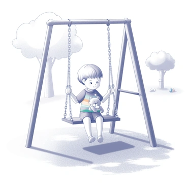 A small child is sitting alone on a playground swing. The child has short hair and is wearing a colorful shirt and shorts. In their arms, they are clutching a teddy bear tightly. The swing is suspended from sturdy chains, gently swaying back and forth. The ground beneath the swing is covered with soft grass, and a few scattered toys can be seen around the playground. In the background, there are trees providing some shade, with sunlight filtering through the leaves, creating dappled patterns on the ground.