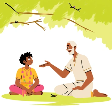 An Indian boy with dark hair wearing a colorful traditional kurta is sitting cross-legged on the ground under a large, leafy tree. The boy has an attentive expression on his face as he listens to an elder, an older man with a white beard dressed in simple, traditional clothing. The elder is animatedly gesturing with his hands while telling a story, with a gentle smile on his face. Sunlight filters through the leaves of the tree, creating a dappled pattern on the ground around them. A few birds can be seen perched on the branches above.