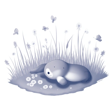 A meadow filled with tall grass, gently swaying in the breeze. "Eragon" is lying on a patch of soft grass, appearing relaxed and at ease. Surrounding him are various wildflowers, their shapes and sizes varying, creating a natural, vibrant pattern across the ground. Several butterflies are fluttering in the air, delicately landing on the flowers and adding movement to the scene. The overall composition captures a moment of tranquility in nature.